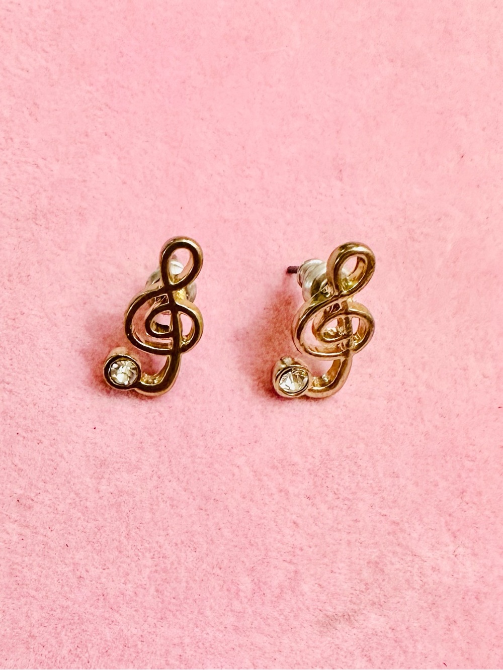 Music Note Stud Earrings Gold Tone Rhinestone Treble Clef Earrings